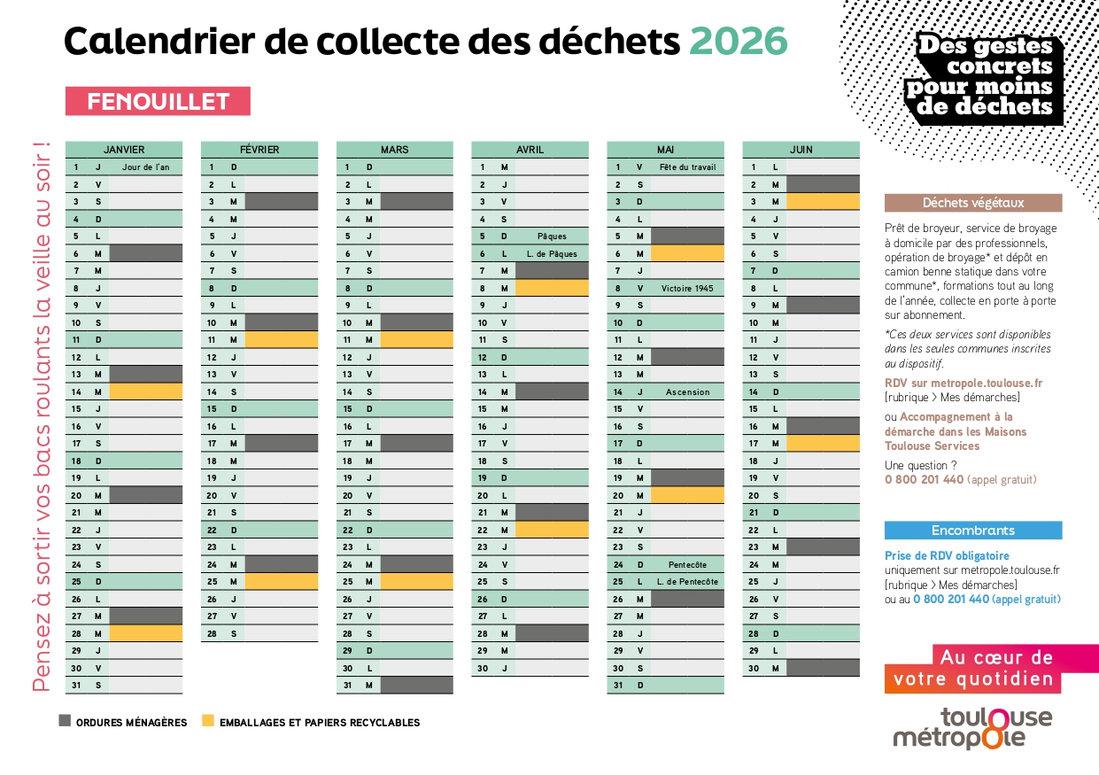Calendrier collecte déchets Fenouillet janvier-juin 2026 Calendrier collecte déchets Fenouillet janvier-juin 2026