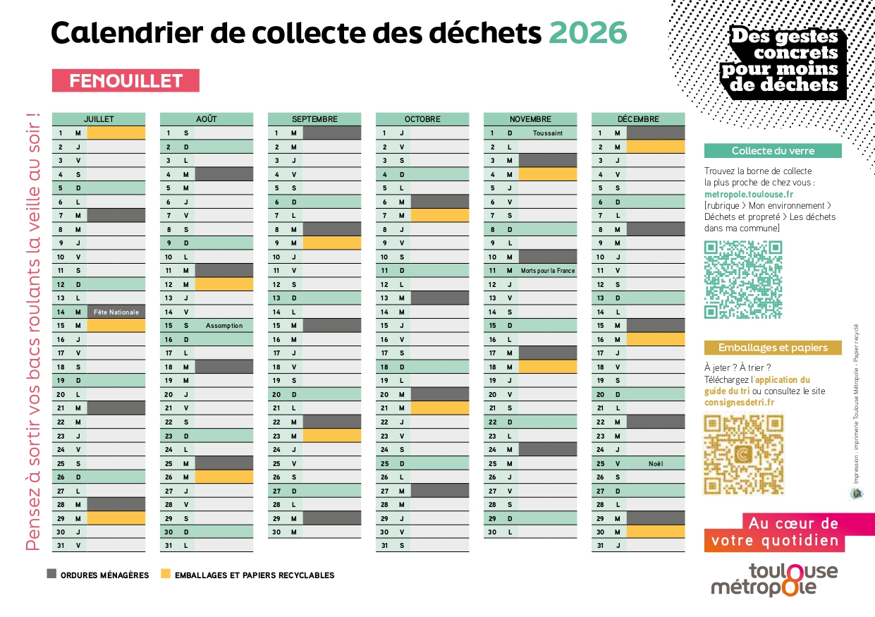 Calendrier collecte déchets Fenouillet juillet-décembre 2026 Calendrier collecte déchets Fenouillet juillet-décembre 2026