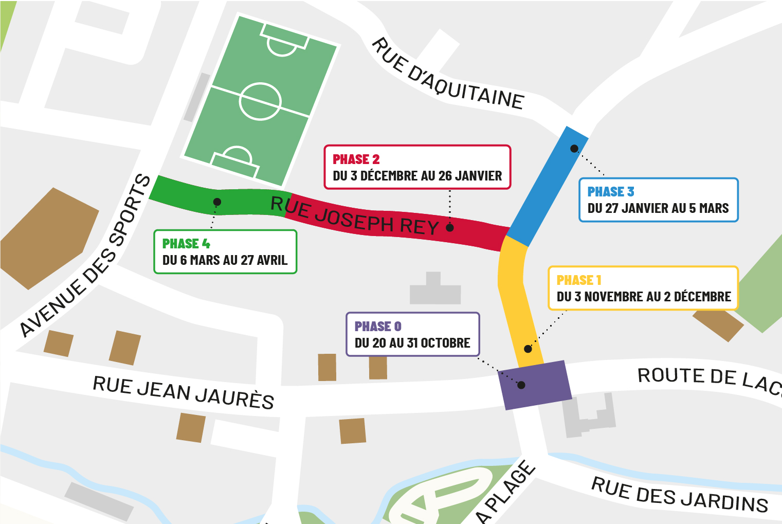 Plan de phases des travaux rues de Pourrenque et Joseph Rey 2025-2026 Plan de phases des travaux rues de Pourrenque et Joseph Rey 2025-2026
