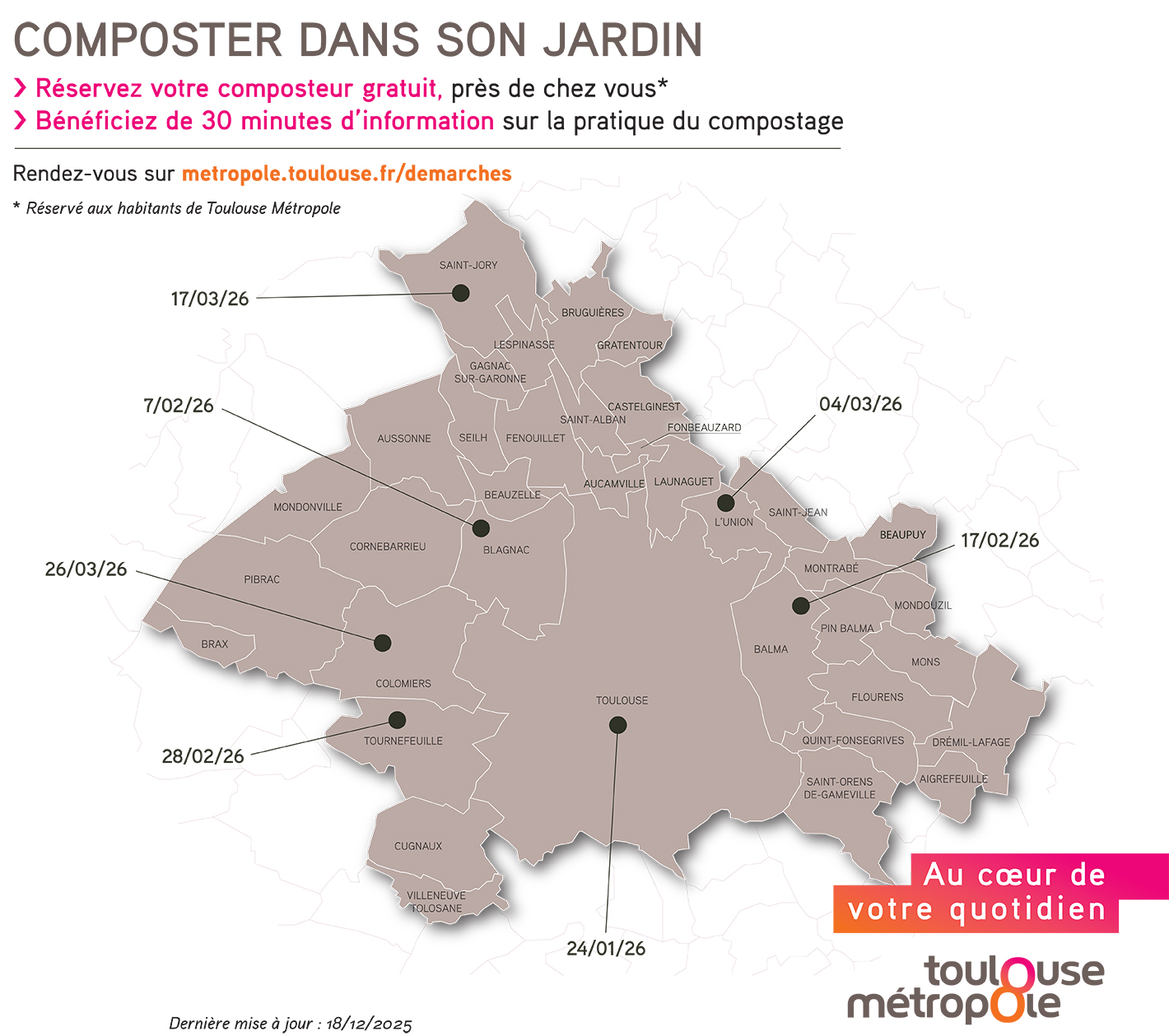 Carte des prochaines distributions de composteurs par Toulouse Métropole - 2026